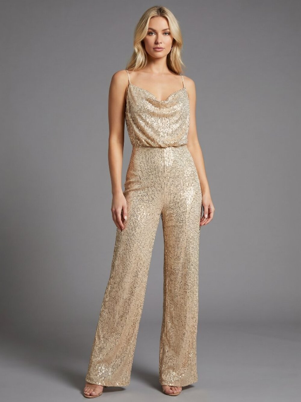Women’s Champagne Sequin Wide Leg Jumpsuit Elegant Sleeveless Party Outfit - Picture 2 of 5